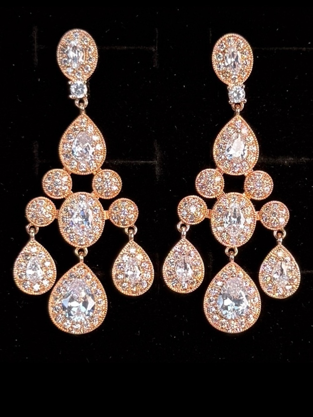 Stunning rose goldtone, crystal bling, dressy, holiday costume pierced earrings